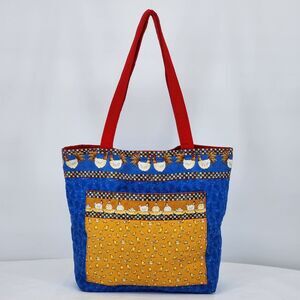 Handmade Chicken Hens Blue Red Large Tote Bag